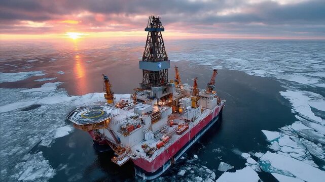 Oil Rig in Icy Waters: An expansive oil rig stands as a testament to human enterprise, boldly operating amidst the frozen, unforgiving landscape.