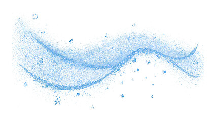 A fresh blue water splash with clear bubbles and a liquid wave creates a clean abstract backdrop of transparent flowing drops on a white background