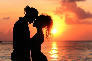 Fototapeta premium Silhouette of romantic lovers at Maldives island with sea and sunset in background. Ai Generative