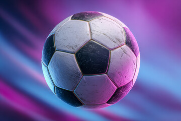 Worn classic black and white soccer ball suspended against a vibrant pink and blue gradient background with dynamic lighting effects and shadow details