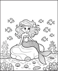 Obraz premium Cute mermaid sea princess in underwater scenery black vector line art illustration coloring page for kids 