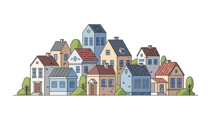 A charming cluster of colorful houses on a bright day, depicting a peaceful suburban neighborhood with lush green trees