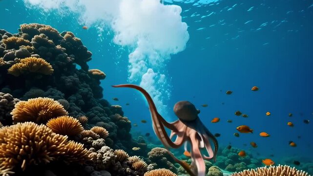 coral reef and octopus in the deep
