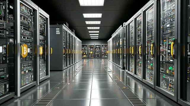 Modern Data Center with Rows of Servers and Bitcoin Symbols on Control Panels