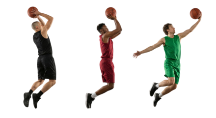 dynamic basketball players in midair action with isolated transparent background