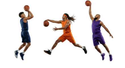 Three athletic basketball players showcasing impressive airborne moves against a clean void