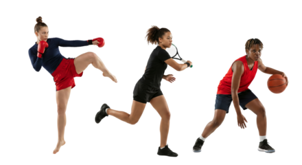 Dynamic multi-sport athletes in action showcasing diverse athletic disciplines isolated on a