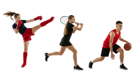 Dynamic sports action scene featuring young athletes engaged in martial arts, tennis, and