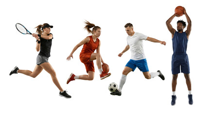 Fototapeta premium Dynamic sports competition featuring diverse athletes engaging in tennis, basketball, and soccer
