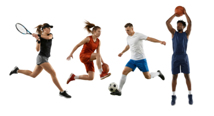 Dynamic sports competition featuring diverse athletes engaging in tennis, basketball, and soccer