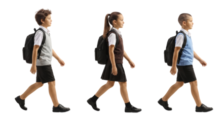 Children School Uniforms Walking in Line Isolated on Transparent Background