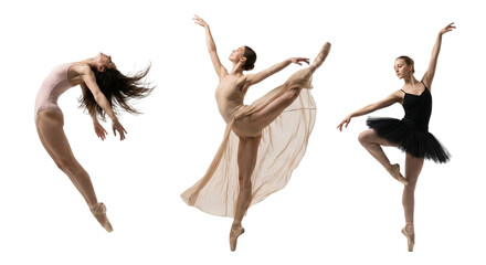 dynamic ballet dancers performing expressive jumps and poses isolated on transparent background