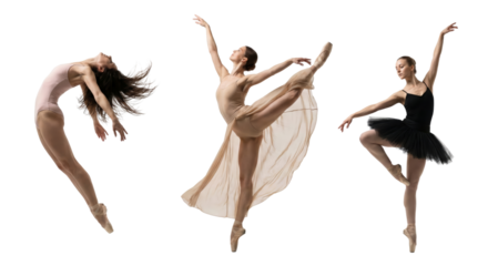 dynamic ballet dancers performing expressive jumps and poses isolated on transparent background