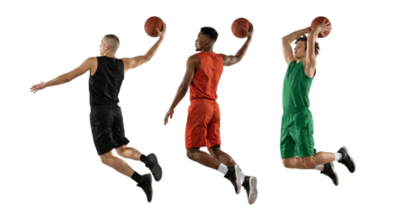 Dynamic basketball players showcasing athletic prowess and competitive spirit with an isolated