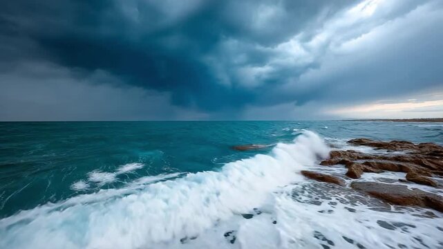 Seascape's Fury: A breathtaking view of the tempestuous sea under a dramatic, cloud-filled sky, as waves crash onto the rugged coastline, creating a powerful spectacle of nature's forces.