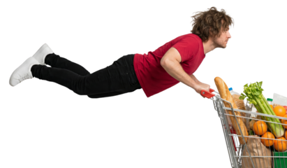 Humorous depiction of a man flying horizontally with a shopping cart filled with groceries on