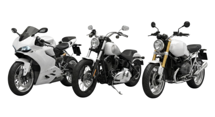variety of modern and vintage motorcycles with sleek design isolated on transparent background