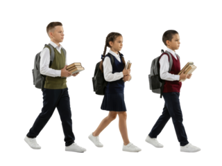 Three enthusiastic school children walking with textbooks backpacks isolated transparent background