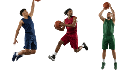 dynamic basketball players in mid-air action with isolated transparent background