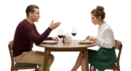 Couple dining and conversing at a table with wine glasses isolated transparent background