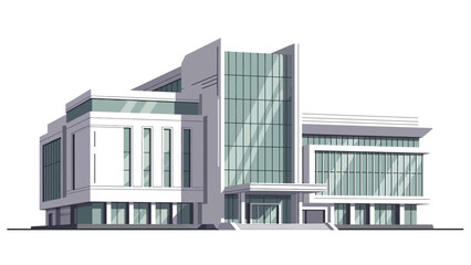 Modern corporate building architectural illustration featuring sleek design, expansive glass windows, and clean lines, embodying contemporary urban development