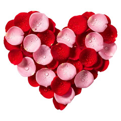 A heart shaped arrangement of red and pink rose petals isolated on a transparent background for Valentine's Day