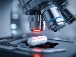Scientific examination of pharmaceutical capsule under advanced microscope in laboratory to enhance drug research and development innovation efforts