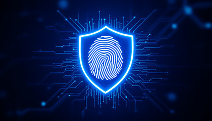 A digital forensic illustration of a biometric fingerprint pattern overlays a blue abstract binary code background for security and identity technology