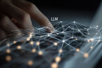 Hand Touching Glowing Digital Network Mesh Structure.