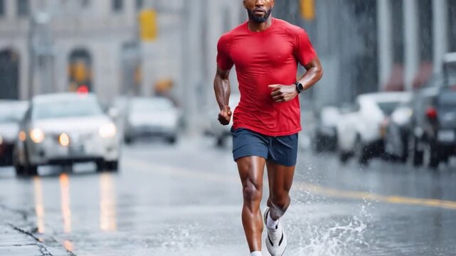 City Runner in the Rain: A determined runner battles the elements, navigating a city street in a downpour, the image captures both the challenge and the thrill of urban running.
