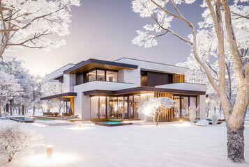 Fototapeta premium 3d rendering of two-story house with parking and pool for sale or rent with concrete facade and beautiful landscaping on background. Cool winter day with shiny white snow