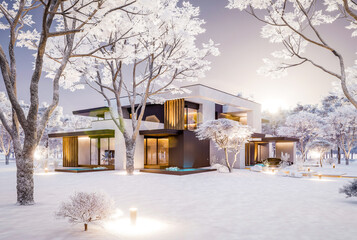 3d rendering of two-story house with parking and pool for sale or rent with concrete facade and beautiful landscaping on background. Cool winter day with shiny white snow