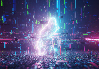 Neon Glitch Abstract Art dengan Volumetric Lighting dan Cinematic Depth
