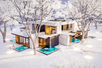 3d rendering of two-story house with parking and pool for sale or rent with concrete facade and beautiful landscaping on background. Cool winter day with shiny white snow