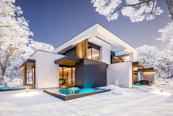 3d rendering of two-story house with parking and pool for sale or rent with concrete facade and beautiful landscaping on background. Cool winter day with shiny white snow