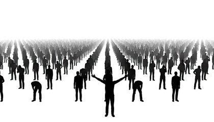 Naklejka premium Silhouettes Of A Large Crowd Of People Standing In Rows Facing The Camera With One Person Raising Arms In The Center Against A White Background