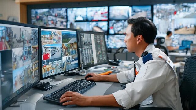 Surveillance Specialist at Work: A security professional diligently monitors multiple screens, ensuring the safety of a location through constant vigilance and advanced technology. 