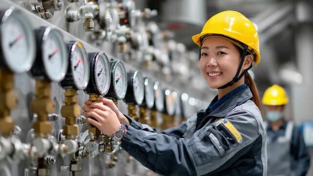 Factory Precision: A diligent technician, adorned in protective gear, meticulously monitors intricate gauges within an industrial plant, showcasing expertise and dedication to precision.