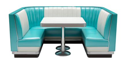 Turquoise and white diner booth with chrome accents and a square table, perfect for vintage diners, diners, American diners, or restaurants.