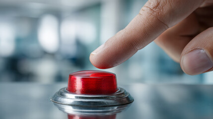 Finger about to press a large red emergency button symbolizing urgent action or alert in a modern industrial or office setting background with soft focus