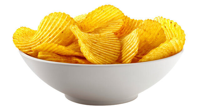 Delicious ridged potato crisps piled high in a white bowl, perfect for snack time promotions and food advertising campaigns, showcasing crunchy potato goodness.