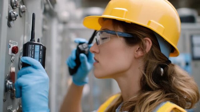 Safety First: An engineer is meticulously checking the controls. She wears a yellow hard hat and safety glasses, emphasizing safety protocols in the workplace. She's also holding radio. 