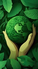 Hands Holding Green Earth Globe Made of Leaves in Lush Foliage.