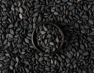Overhead view bowl of seeds amidst a seed field