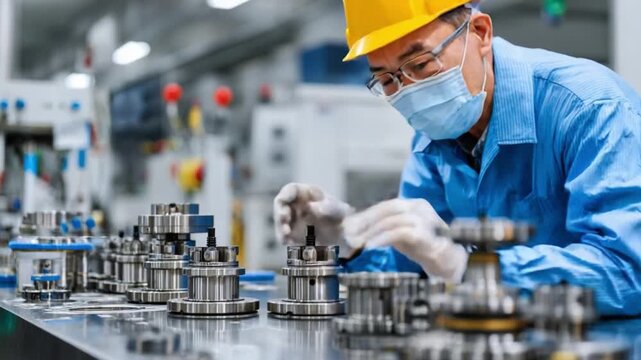 Precision Engineering in Action: An engineer, clad in a protective mask and helmet, meticulously inspects and assembles machinery components within a modern industrial setting.