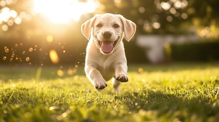 Happy Golden Retriever Puppy Running Joyfully in Sunny Grass Field.