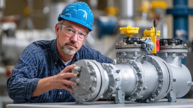 Master Engineer: A seasoned engineer, adorned in a hardhat and protective eyewear, intently examines the intricacies of industrial machinery