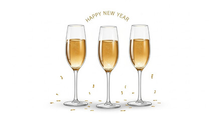 Realistic New Year Champagne Toast Set with Three Flutes, Gold Drink, and Happy New Year Text Vector Illustration