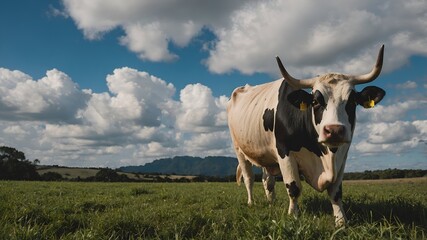 Cow grazing peacefully on a lush green field in a calm rural landscape.