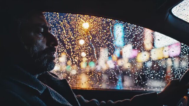 senior man driving the car during a rainy night in the city